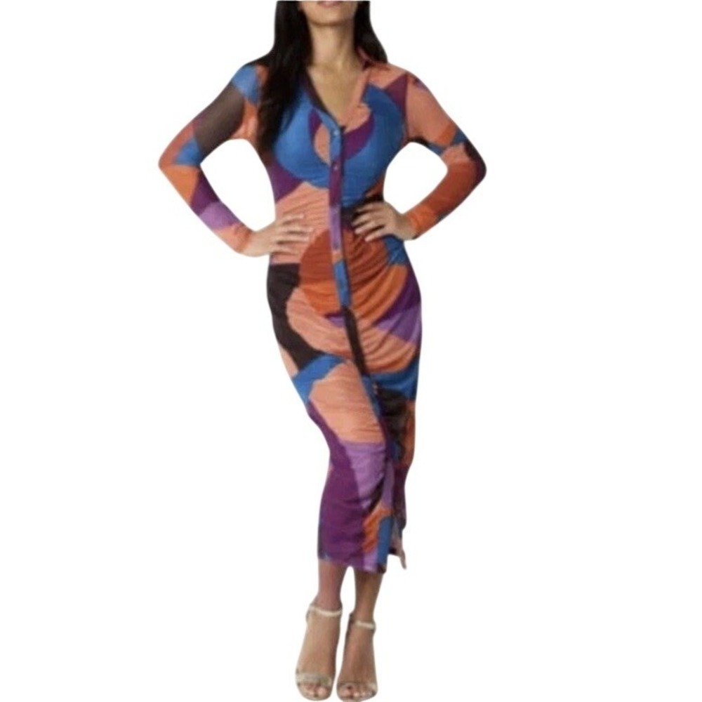 Bold Elements Woman's Long Sleeve Artsy Mesh Lined Button Soft Dress XL